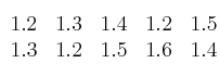 \begin{array}{ccccc}
1.2 & 1.3 & 1.4 & 1.2 & 1.5 \\
1.3 & 1.2 & 1.5 & 1.6 & 1.4
\end{array}